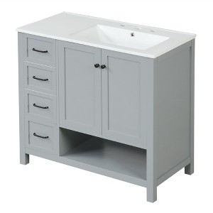 PDTEND 36" Bathroom Vanity Sink Combo, Solid Wood Bathroom Storage Cabinet with 2 Doors and 2 Drawers, Open shelf, MDF - 1 of 4