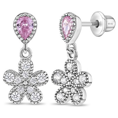 Girls' Groovy Cz Flower Dangle Screw Back Sterling Silver Earrings