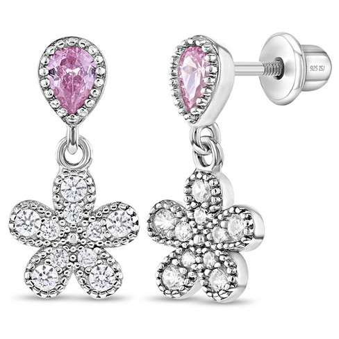 Pink & Clear CZ Flower Kids / Children's / Girls Earrings Screw Back - Sterling Silver at in Season Jewelry