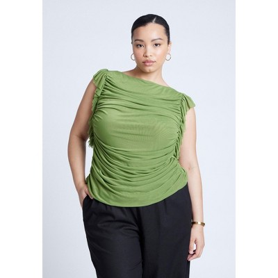 ELOQUII Women's Plus Size Shirred Mesh Top With Shoulder Flounces