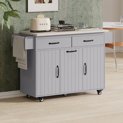 Coolbibila-Kitchen Island With Trash Can Storage Cabinet, Kitchen Cart With Drop Leaf, Towel Rack And Drawer, Rolling Kitchen Island On Wheels