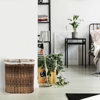 Mocha Brown Handwoven Wicker Double Laundry Hamper with Lid