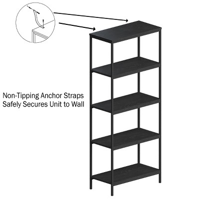 Industrial 59" Black Woodgrain 5-Tier Bookshelf for Chic Display