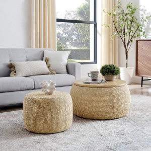 VYNXARIA Round Storage Ottoman, Woven rattan fabric Ottoman, 2 in 1 Function, Work as End table and Ottoman,with small seat-nature - 1 of 4