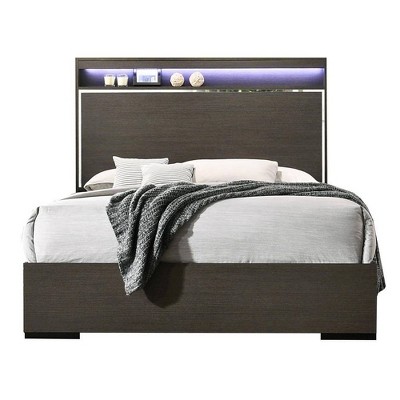 Queen Gray Oak Upholstered Bed with LED Headboard