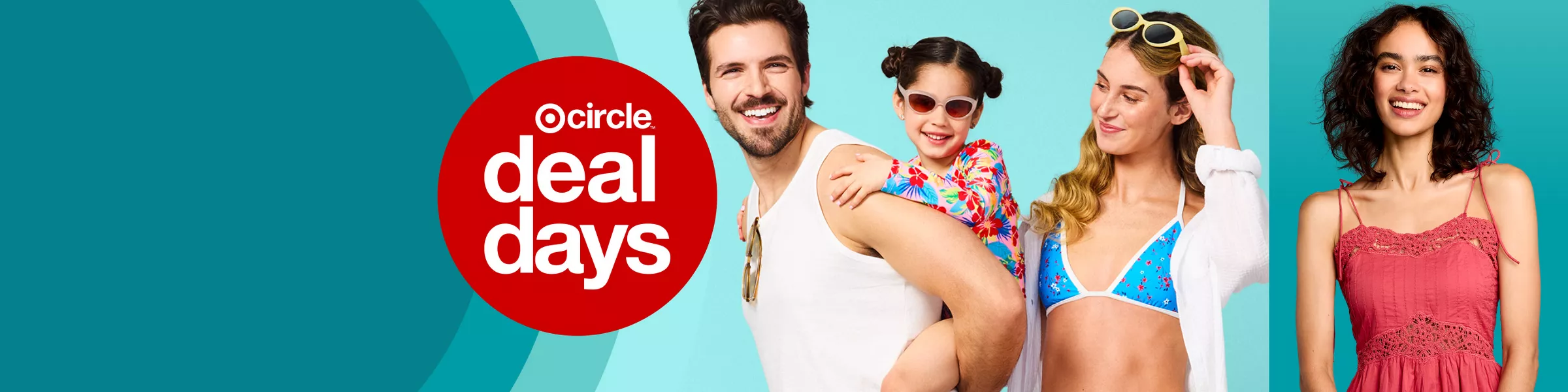 Family dressed in summer swim appears on a teal background. A woman in a red dress strikes a pose. The models disappear, revealing a set up of Threshold™ bedding and a backpack.