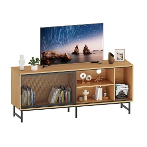 Modern TV Stands, Wooden Entertainment Center with Metal Mesh Sliding Door & 3 Open Storage Compartments, TV Console Table for Bedroom, Living Room - 1 of 4