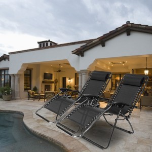 KTMBDW Set of 2 Adjustable Steel Mesh Zero Gravity Lounge Chair Recliners w/Pillows and Cup Holder Trays for Deck, Patio, Beach, Yard - 1 of 4