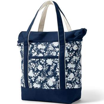 Lands' End Extra Large Print 5 Pocket Zip Top Long Handle Canvas Tote Bag -  - Deep Sea Navy Classic Floral