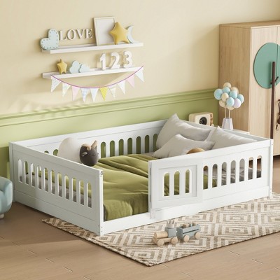 Floor Bed with Heightened Safety Guardrails and Door, Solid Wood Bedframe with Rails for Girls