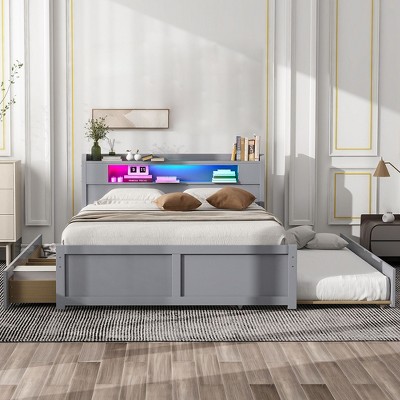 Queen Size Bed Frame with Trundle, Wood Platform Bed with 2 Drawers, Bed Frame with Headboard, Wooden Slats Support, No Box Spring Required