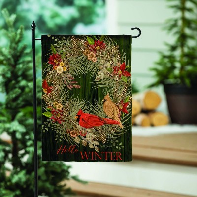 Green Taffeta Winter Garden Flag with Wreath and Cardinals