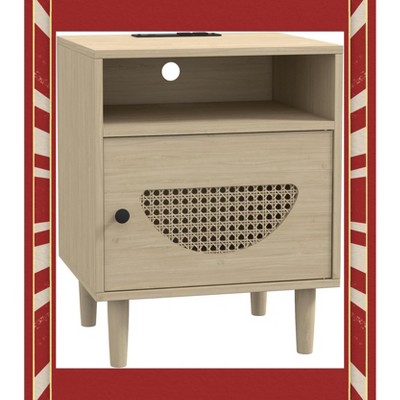 Garvee Rattan Nightstand with USB Ports - 2-Tier End Table for Living Room & Bedroom, Natural Wood Top, Convenient Charging Station