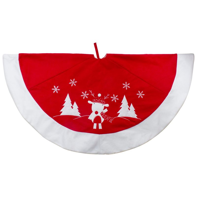 Northlight 48" Red and White Winter Reindeer Embroidered Christmas Tree Skirt, 1 of 5