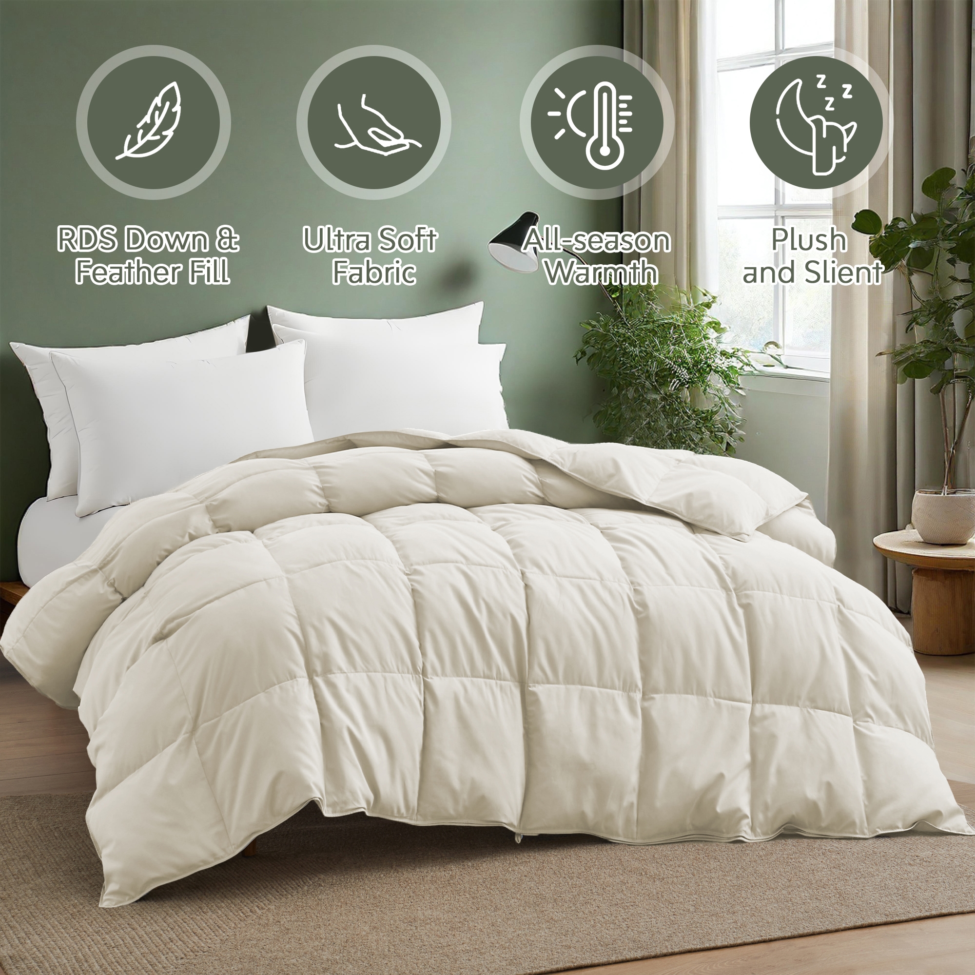 Peace Nest Medium Weight White Goose Down Comforter - Ultra Soft Noiseless 360 Thread Count Fabric, Ivory, California King