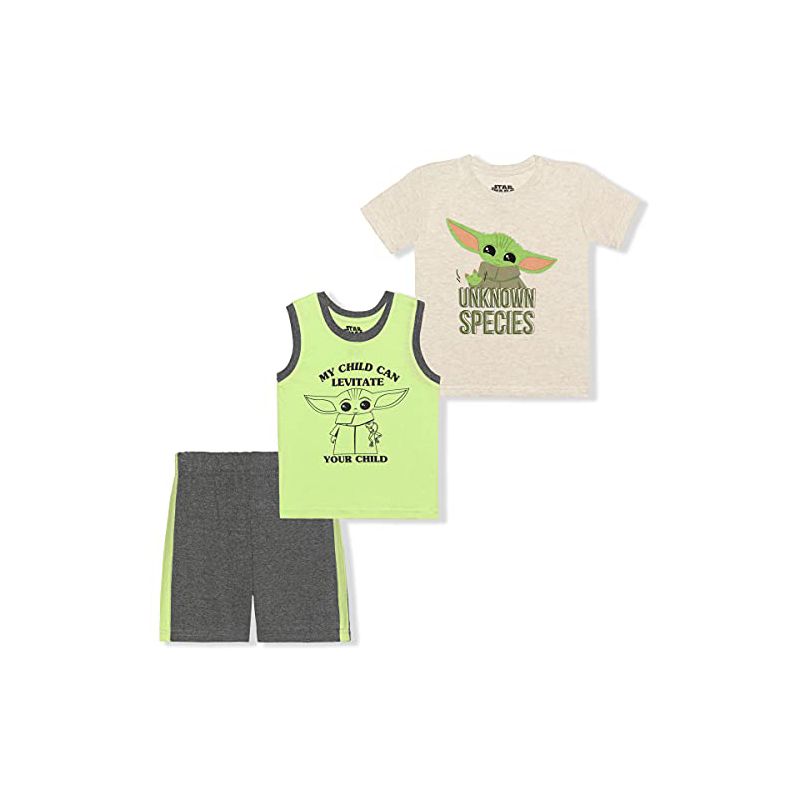 Star Wars The Mandalorian Boy's 3-Pack Unknown Species Baby Yoda Tee Shirt, Sleeveless Tank Top and Short Set for Kids, 1 of 2