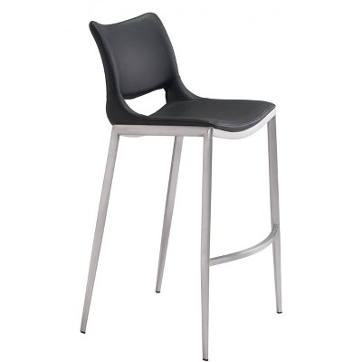 Zuo Modern Ace Barstool Set of 2, 40.9" H, Black Faux Leather, Silver Brushed Stainless Steel, Modern Ergonomic Design