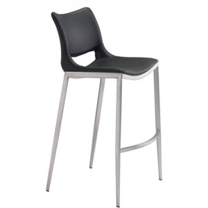 Zuo Modern Ace Barstool Set of 2, 40.9" H, Black Faux Leather, Silver Brushed Stainless Steel, Modern Ergonomic Design - 1 of 4