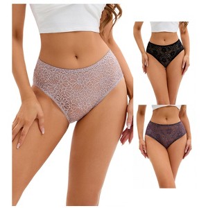 INSPIRE CHIC 3 Packs Women's Lace Mid-Waisted Briefs Breathable Underwear Available in Plus Size Panties - 1 of 4