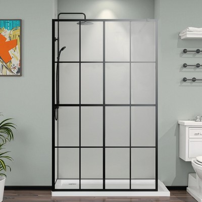 Lirago 46x72" Black Aluminum Frame Shower Screen Panel for Walk-in Wet Room Tempered Glass Doorless Shower Enclosure with Adjustable Wall Bar