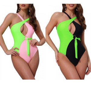 INSPIRE CHIC Women's Criss Cross Color Block O Ring Side Tie Strappy Swimwear Monokini Suit 2 Sets - 1 of 4
