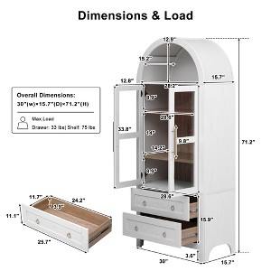 71" Tall Arched Kitchen Pantry Cabinet, 2 Drawers, Adjustable Shelves with Glass Door, Modern Farmhouse Storage Cupboard, White/Black - ModernLuxe - 1 of 4