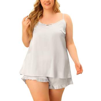Agnes Orinda Women's Plus Size Satin Cross Camisole Ruffle Trim Elastic Waist Shorts Sleepwear Pajamas Set
