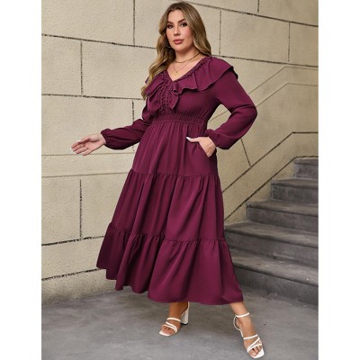 Women's Plus Size Long Sleeve Maxi Dress V Neck Ruffle Casual Dress Spring Fall