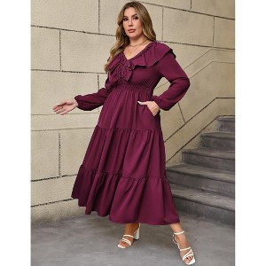 Women's Plus Size Long Sleeve Maxi Dress V Neck Ruffle Casual Dress Spring Fall Wine Red 3XL - 1 of 4