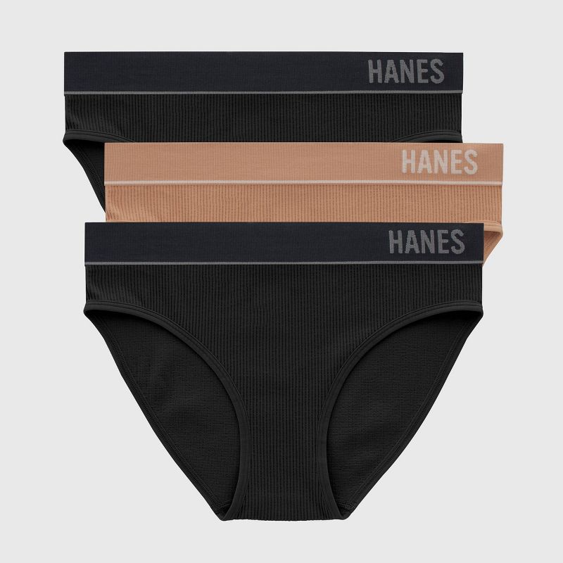 Hanes Originals Women&#39;s 3pk Ribbed Bikini Underwear - Black/Beige, 1 of 7