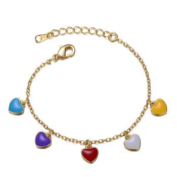 Guili 14k Yellow Gold Plated Adjustable Bracelet with Multi-Colored Enameled Heart Charms for Kids