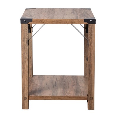 Rustic Oak Square End Table with Metal Accents