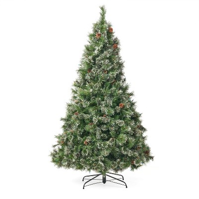 GDFStudio 7 Foot Cashmere Pine and Mixed Needles Pre Lit LED Artificial Christmas Tree with Snowy Branches and Pinecones
