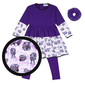 The Pink Picket Fence Lulu Hippo Twirl Dress Set for Girls – Cotton Long Sleeve Dress with Matching Leggings & Scrunchie – Hippo Print - 1 of 4