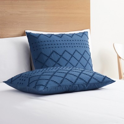 Navy Blue Microfiber Queen Pintuck Boho Duvet Cover Set