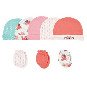Hudson Baby Infant Girl Cotton Cap and Scratch Mitten 8pc Set, Floral, 0-6 Months - 1 of 1