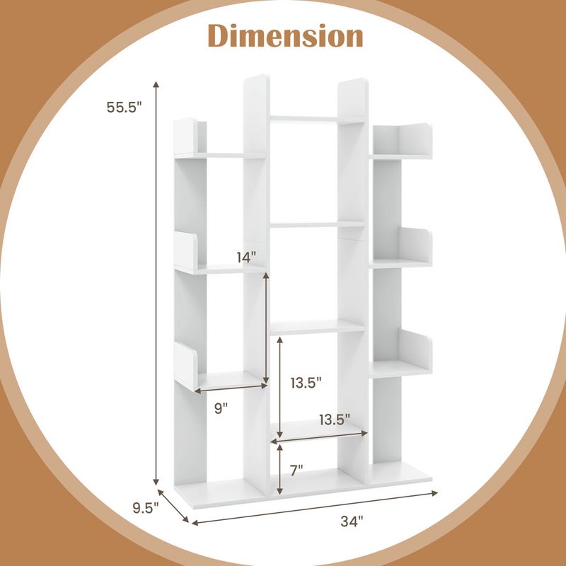 Costway 1/2 PCS Bookshelf Tree-Shaped Bookcase with 13 Storage Shelf Rustic Industrial Style White/Coffee, 3 of 11