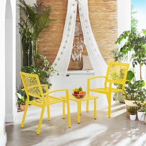Outdoor Bistro Set 3 Piece Set - Comfortable Metal Patio Chairs And Small Table, Yellow /sage Green/peacock Blue/black Floral Back Design, Waterproof - 1 of 4