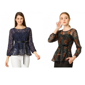 INSPIRE CHIC Women's 2 Packs Semi-Sheer Elegant Tie Waist Long Sleeve Floral Lace Peplum Blouses Green X-Large - 1 of 4