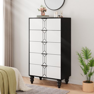 Modern 5 Drawers Dresser with Vintage Pattern Design, Tall Dresser for Closet, Chest Dresser for Bedroom, Living Room and Entryway