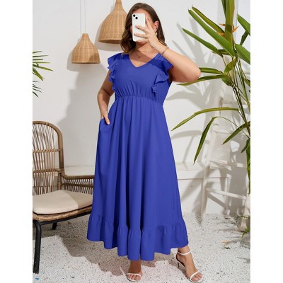 Women's Plus Size Summer Dress with Pocket Ruffle Cap Sleeveless V Neck Side Split Long Beach Maxi Dress