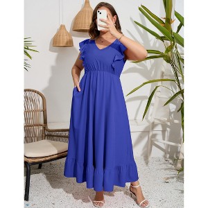 Women's Plus Size Summer Dress with Pocket Ruffle Cap Sleeveless V Neck Side Split Long Beach Maxi Dress - 1 of 4