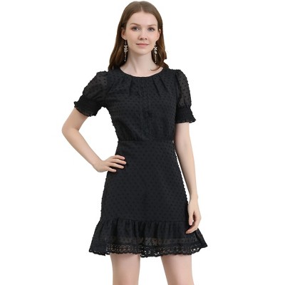 Allegra K Women's Elegant Short Sheer Sleeve Ruffle Hem Swiss Dots Chiffon Dress