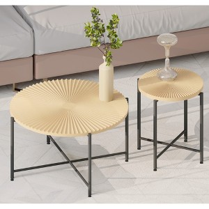 Radial Pattern 2-Piece Coffee and End Table Set ¨C MDF with PVC Cover, Distressed Cylindrical Design, Metal Legs - 1 of 4