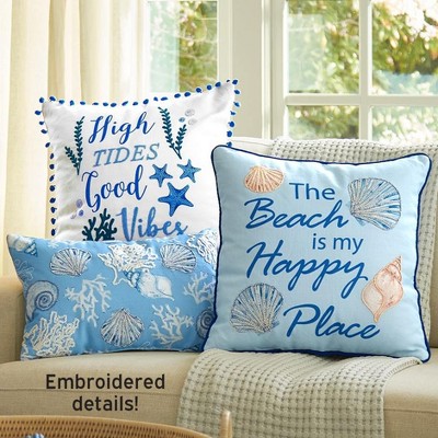 Coastal Blue Embroidered Polyester Oblong Throw Pillow