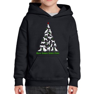 LA Pop Art Here Comes Santa Paws - Girl's Word Art Hooded Sweatshirt - 1 of 4