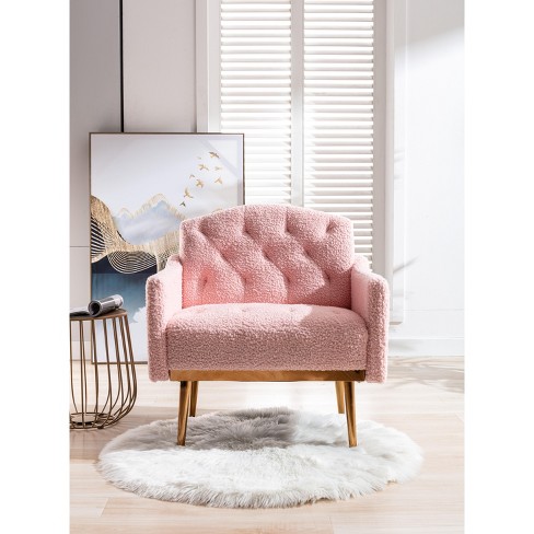 Light Pink Teddy Fabric Swivel Accent Armchair with Black Powder