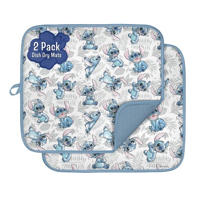 LunaLulinlk Dish Drying Mats, Stitch Print Light Blue Mesh Back, Ultra Absorbent 16” x 18” Counter Drying Mat, 2 Count