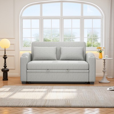 Runesay 61.6" White Gray Modern Chenille Pull Out Loveseat Sofa Bed with Adjsutable Backrest, 2 Pillows, Cup Holders and USB Ports