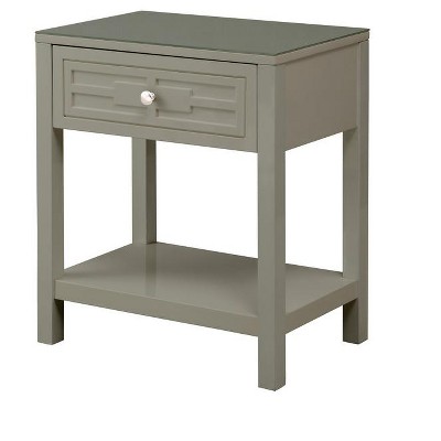 Vynxaria 23"H Taupe Nightstand - Glass Top (MDF + Tempered Glass), 1 Drawer (19"Wx12.75"Dx3.5"H), Hardwood Legs, 13" Shelf Space, 4" Floor Clearance